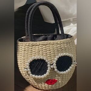 Chic Pearl-Embellished Woven Tote Bag
